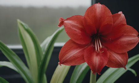 Hippeastrum (amaryllis) flower on the windowsillの写真素材