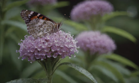 Butterfly on a purple flower in a garden in summer.の写真素材
