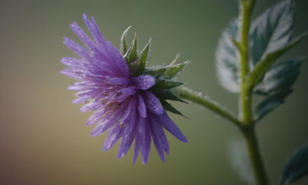 Purple flower with dew drops close-up on blurred backgroundの写真素材