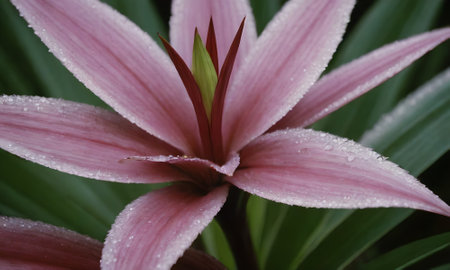 pink lily flower with water droplets on the petalsの写真素材