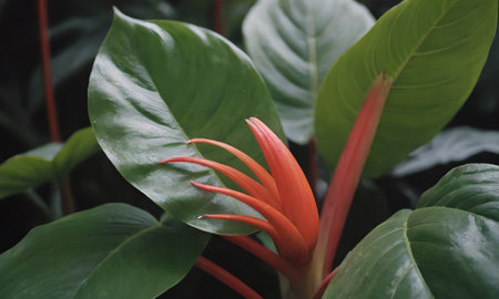 Tropical plant with red flower and green leaves, stock photoの写真素材