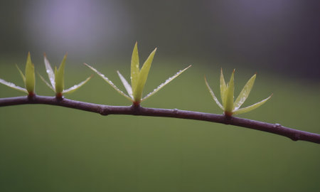 Leaves and buds of a tree in spring, close-upの写真素材