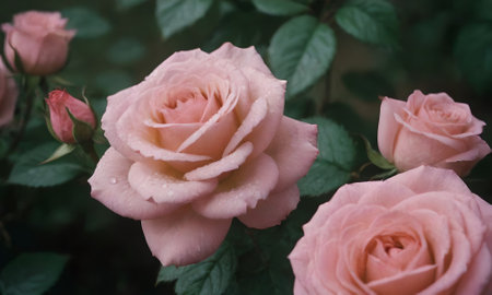 Beautiful pink roses blooming in the garden. Vintage style.の写真素材
