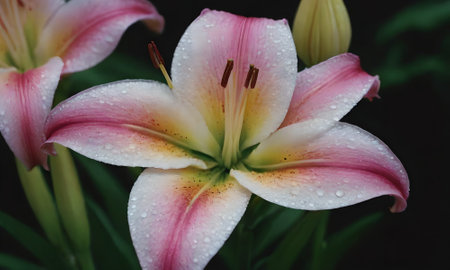 Pink lily with water drops on petals, close-upの写真素材