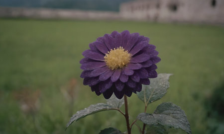 Purple dahlia flower in the meadow with green grassの写真素材