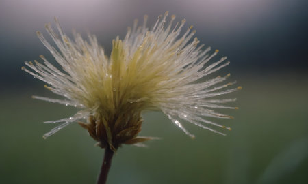 Flowering grass with dew drops close-up on a blurred backgroundの写真素材