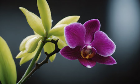 Purple orchids on a black background with copy space.の写真素材
