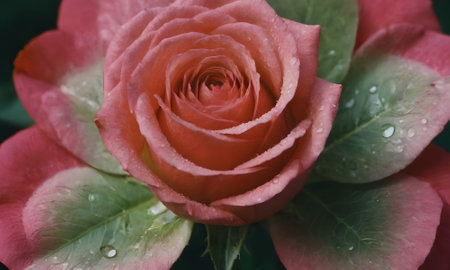 Pink rose with dew drops on the petals, close-upの写真素材