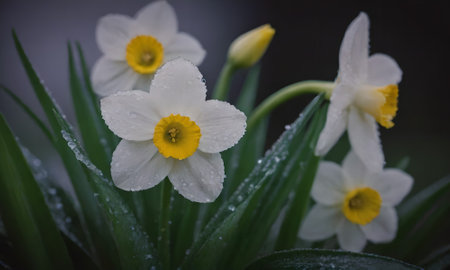 Narcissus flowers with water drops on petals and green leavesの写真素材