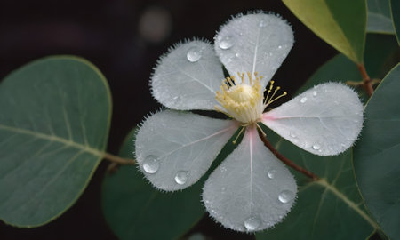 Water droplets on white flower with green leaves on dark background.の写真素材