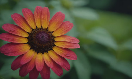 Close up of a red and yellow flower with green leaves in the backgroundの写真素材