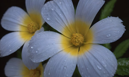 Close up of white and yellow flower with water drops on petalsの写真素材