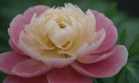 pink peony with white petals on a background of green leavesの写真素材