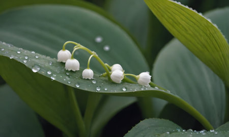 Lily of the valley, Convallaria majalis, water dropsの写真素材