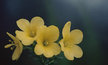 Yellow flowers with raindrops on a dark background, close-upの写真素材