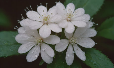 White flowers with water drops on green leaves. Close-up.の写真素材
