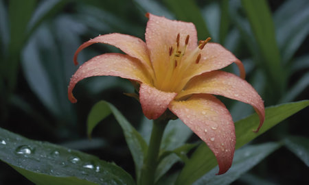 Orange lily with raindrops on the petals and green leavesの写真素材
