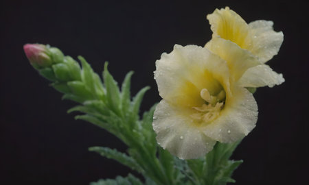Flower of yellow primrose with water drops on a black backgroundの写真素材