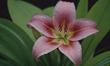 pink lily with water drops on the petals and green leavesの写真素材