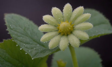 Flower with water droplets on the petals and green leavesの写真素材