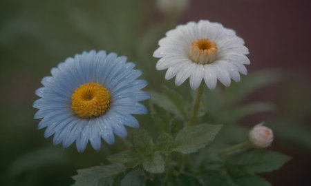 Close up of white and blue daisy flowers in the garden.の写真素材