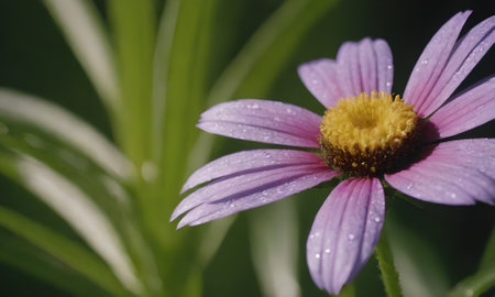 Purple daisy flower with water drops on petals close upの写真素材