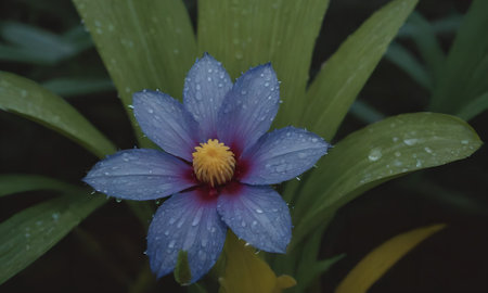 Purple flower with raindrops on the petals after the rainの写真素材
