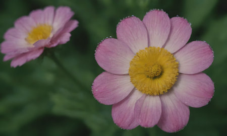 pink and yellow daisy with water drops on the petalsの写真素材