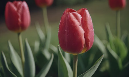 tulips. a bulbous spring-flowering plant of the lily family, with boldly colored cup-shaped flowers.の写真素材