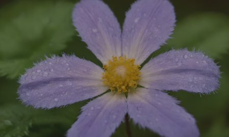 Purple flower with raindrops on the petals and green leavesの写真素材