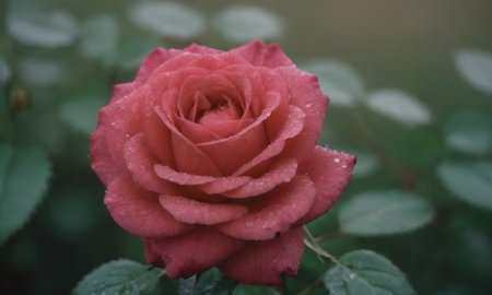 Beautiful red rose with dew drops on it in the gardenの写真素材