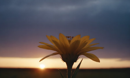 Sunset in the field with a yellow daisy in the foregroundの写真素材