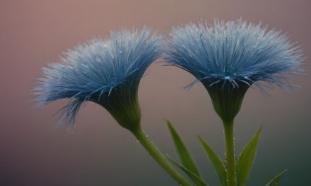 Close up of blue flowers with dew drops on petals.の写真素材