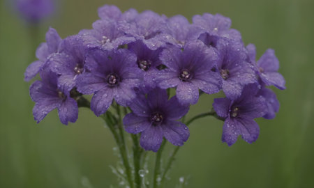 Purple flower with water drops on the petals and green backgroundの写真素材