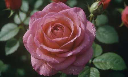 Beautiful pink rose with water drops in the garden, vintage toneの写真素材