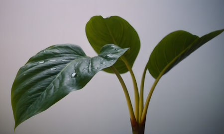 Close up of a green plant with water drops on the leaves.の写真素材