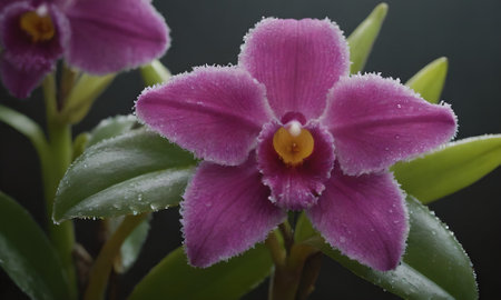 Purple orchid flower with water droplets on the petalsの写真素材