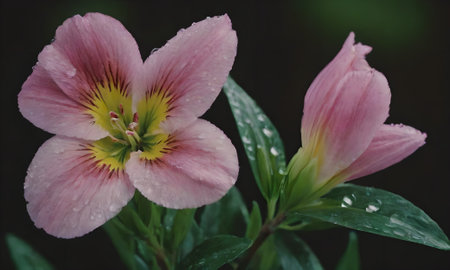 Pink alstroemeria flower with raindrops on the petalsの写真素材