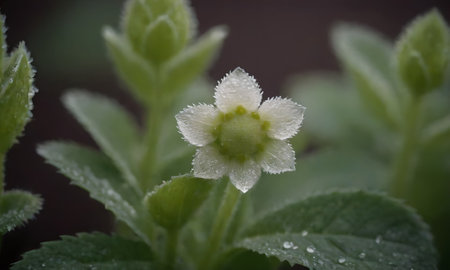 Close up of a small white flower with water droplets on itの写真素材