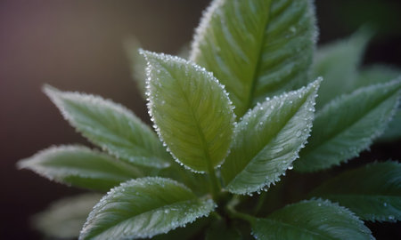Morning dew on the leaves of a plant. Shallow depth of field.の写真素材