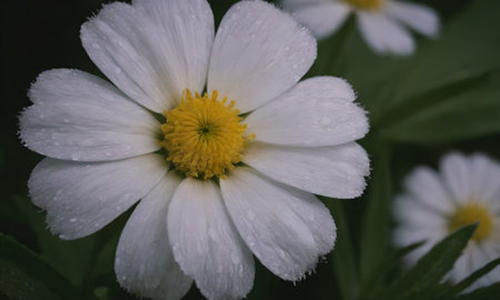 White daisy flower with water drops on petals and green leavesの写真素材