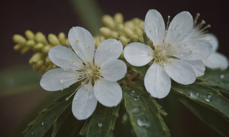 Close up of white flowers with water droplets on the petalsの写真素材