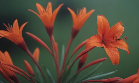 Orange lily flowers in the garden, close up shot with shallow depth of fieldの写真素材
