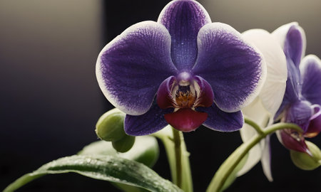 Close up of beautiful purple and white phalaenopsis orchid flowersの写真素材