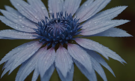 Blue cornflower with raindrops on the petals close-upの写真素材