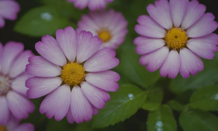 Close up of pink daisy flower with green leaf background in gardenの写真素材