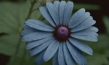Close up of a blue flower with water drops on the petalsの写真素材