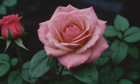 Beautiful pink rose with dew drops on a dark background.の写真素材