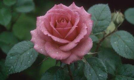 Beautiful pink rose with drops of dew on the petalsの写真素材
