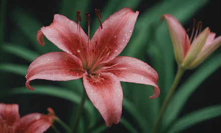 Pink lily with water drops on the petals after rain.の写真素材